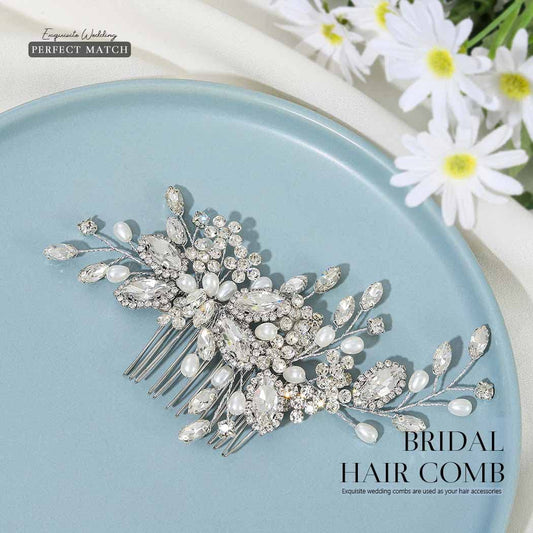 Side angle view of the silver bridal hair piece highlighting the secure metal comb attachment.