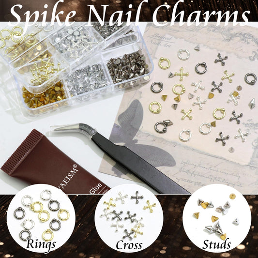 Close up look at vintage alloy cross nail charms and 3D cone spikes in silver black and grey.