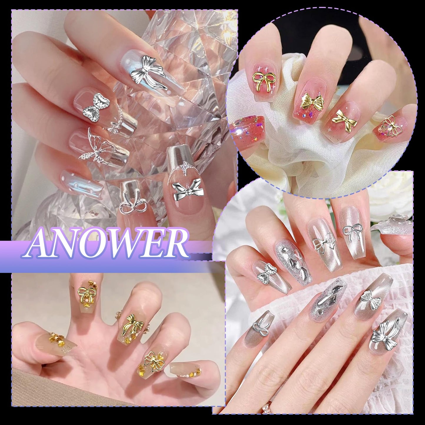 Trendy coquette style manicure inspiration featuring gold and silver mixed media nail art.