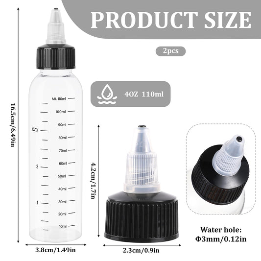 Two pack of four ounce empty plastic squeeze bottles with twist-on tip caps.