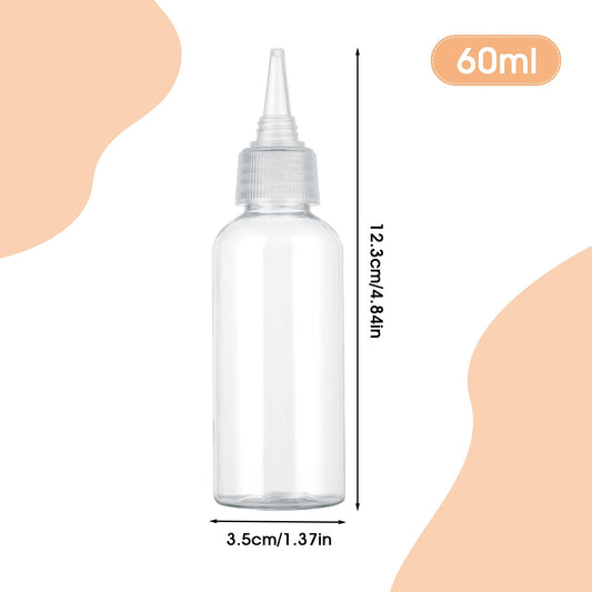 Six pieces of transparent two ounce refillable squeeze bottles with white twist caps and included blank label sheets
