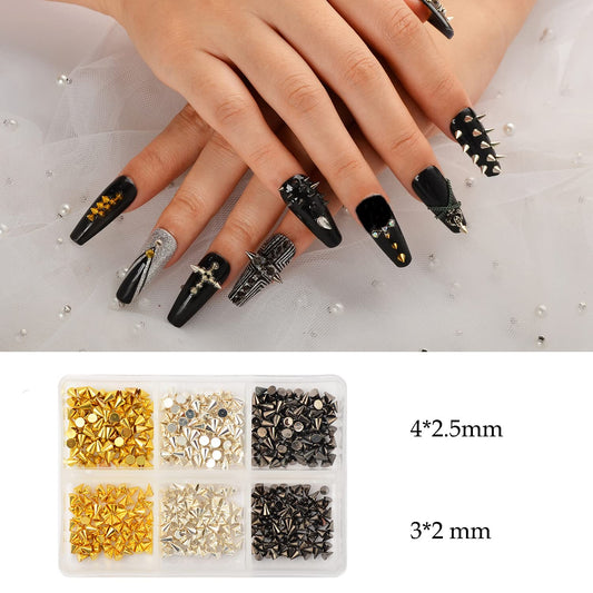 Close up view of miniature three millimetre alloy rivet studs for detailed manicure styling