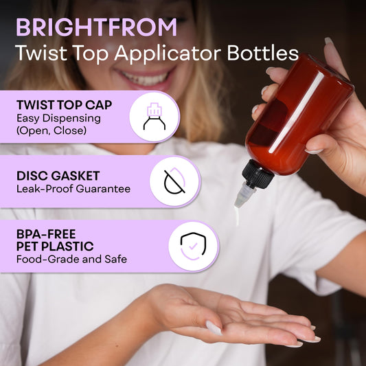 Close up view of the leakproof black twist open and close dispensing nozzle on the amber plastic bottle.