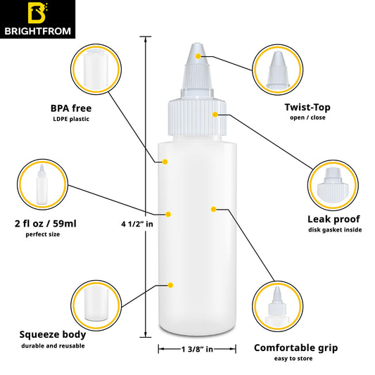 Close up view of the BRIGHTFROM refillable two ounce plastic container emphasizing the open and close leakproof twist nozzle function.