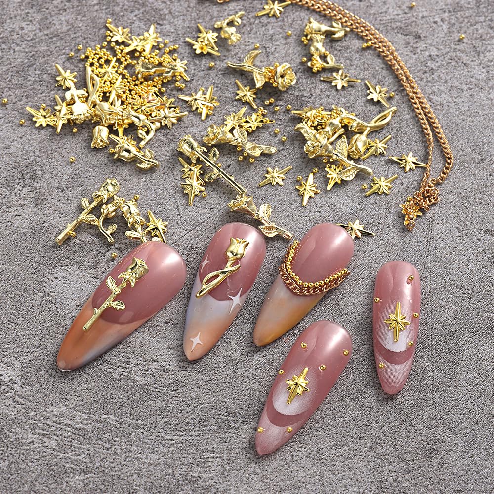 SUTOKAKA Y2K style metallic rose charms for acrylic nails displayed next to salon manicure tools and premium top coat.