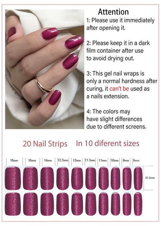Close up of berry cat eye gel nail design on natural fingernails