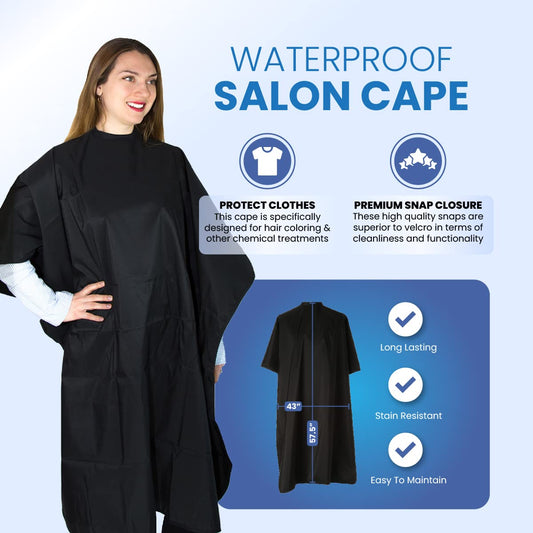 Close up of Salon Supply Co black salon cape with snap closure