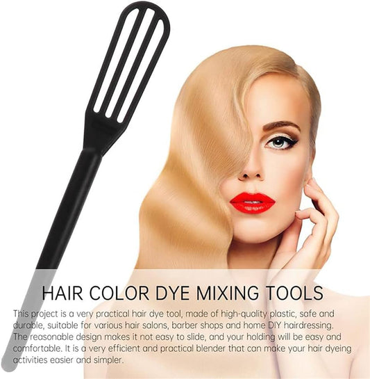Close up view of the ergonomic long handles and whisk loops of the colorful hair dye cream stirrer set.