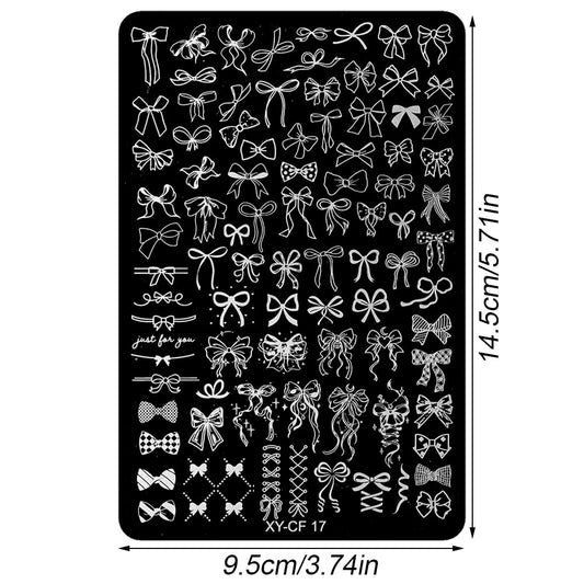 Stainless steel manicure stencil template with multiple sizes of cute bowknot patterns.