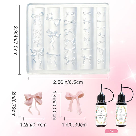 Clear 3D gel nail art sculpture bow mold filled with pink and white UV resin for manicures.