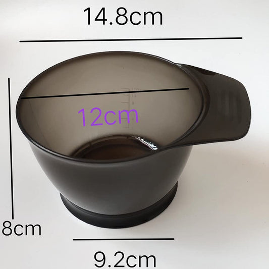 Transparent black plastic hair dye bowls showing the integrated handle design.
