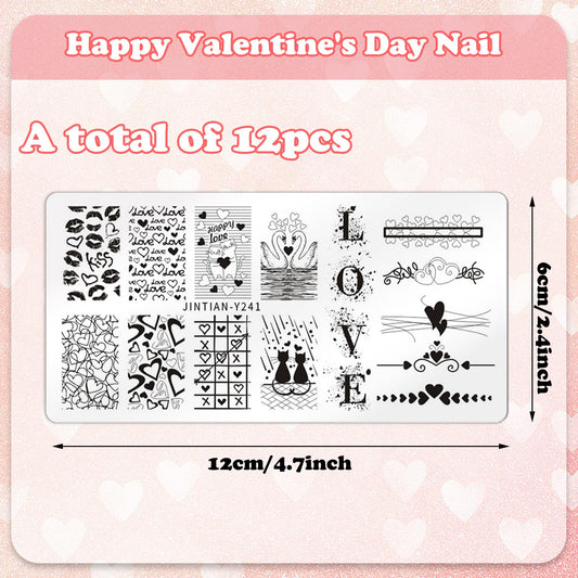 Close up of romantic heart and rose nail art plate designs