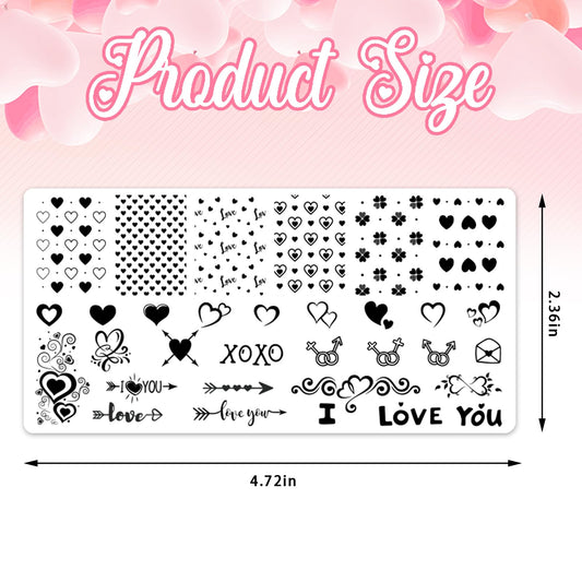 Close up of Alibbon heart and love themed nail stamping templates