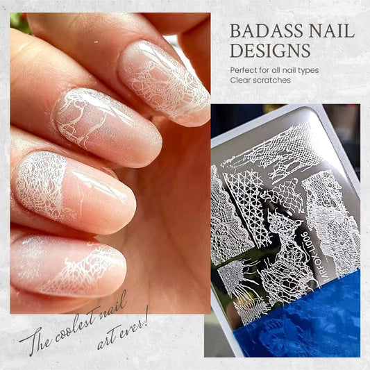 Close up of MR.FOX stainless steel nail art stamping templates highlighting the detailed geometric and distressed designs