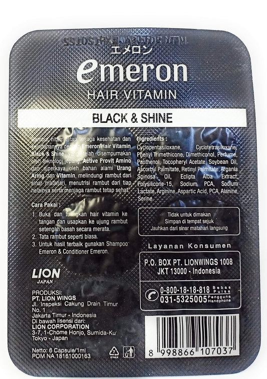 Emeron Hair Vitamin Black and Shine topical capsules arranged to show the leave on serum packaging details.