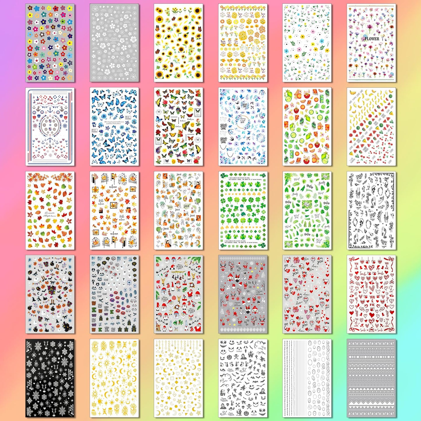 30 sheet variety pack of colorful DIY nail decals