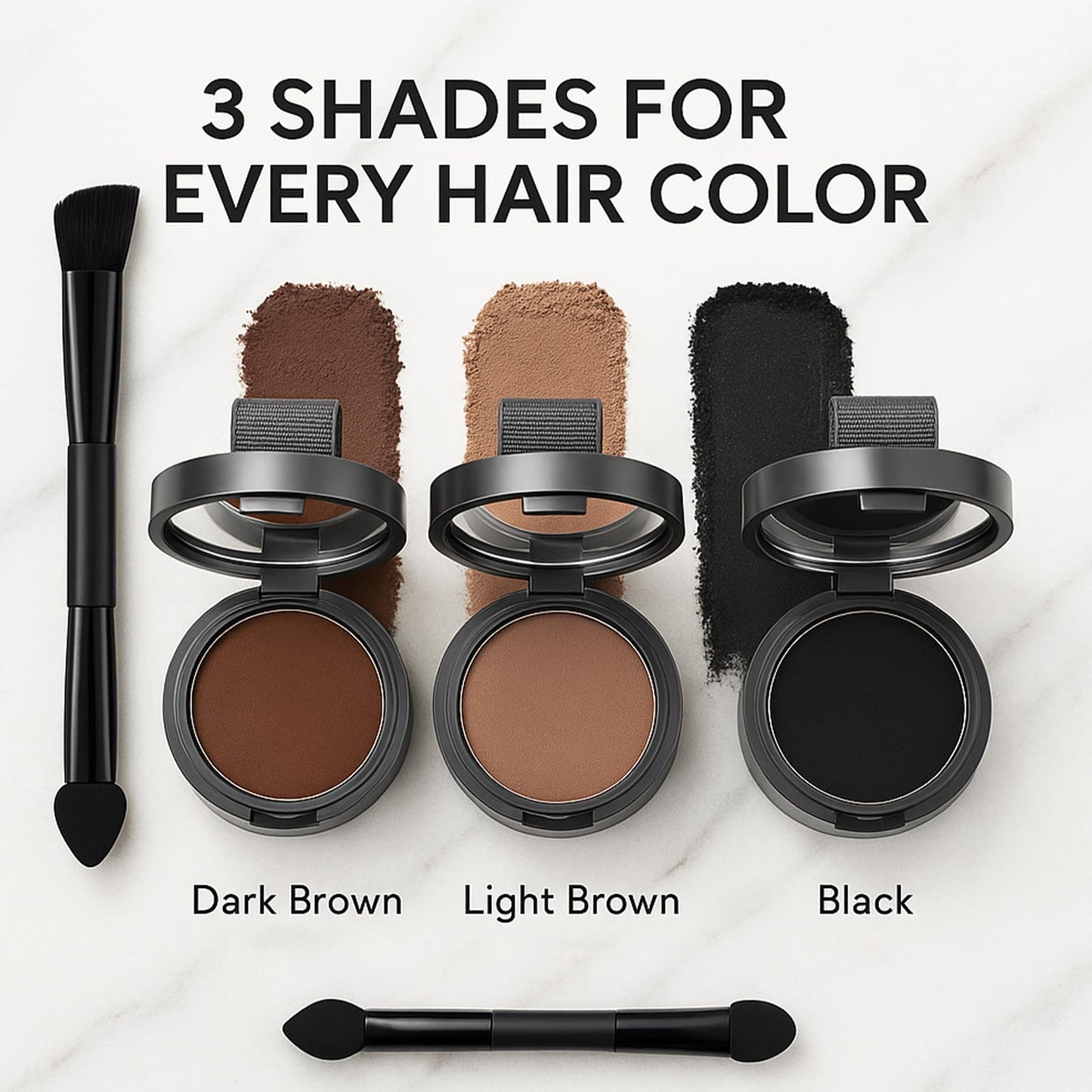 Waterproof dark brown hair touch up powder demonstrating dual application brush