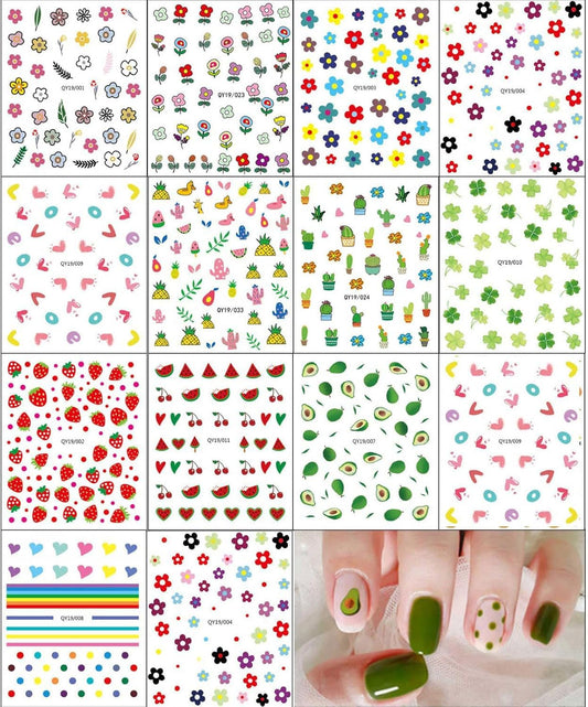 Assorted rainbow and fruit nail decal designs on sheets