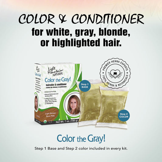 Light Mountain chemical free light brown hair dye kit packaging details and instructions