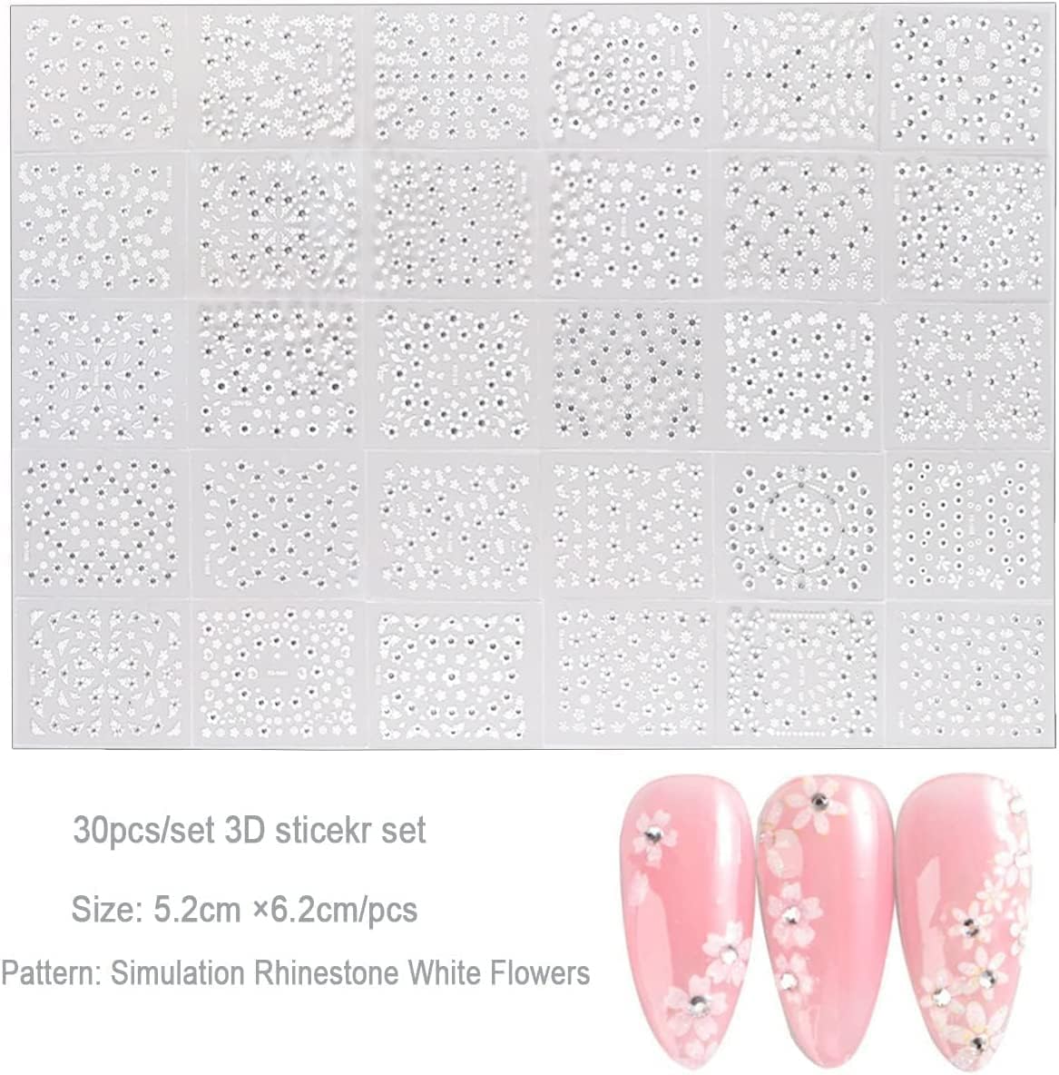 Professional manicure using 3D white flower stickers and rhinestones