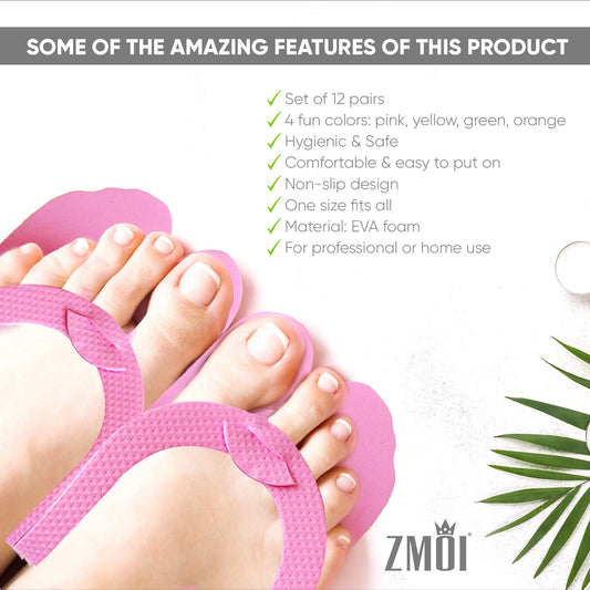 Assembled ZMOI foam flip flops for spa treatments showcasing the vibrant assorted colors.