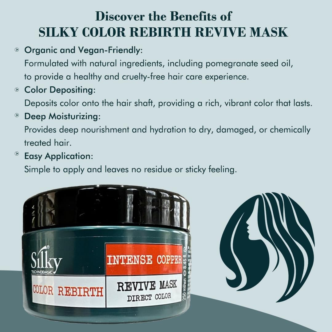 Side view of SILKY Intense Copper mask showing pomegranate oil ingredient highlights