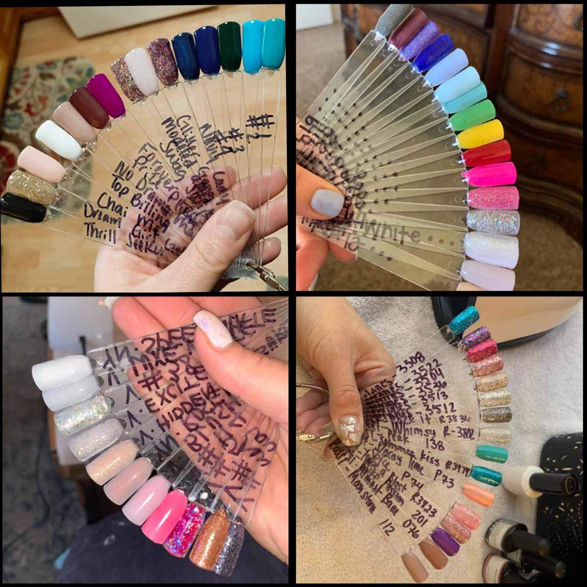 Nail art swatch sticks organized on a metal ring for display