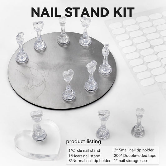 Close up of magnetic heart shaped nail tip holders on display base.