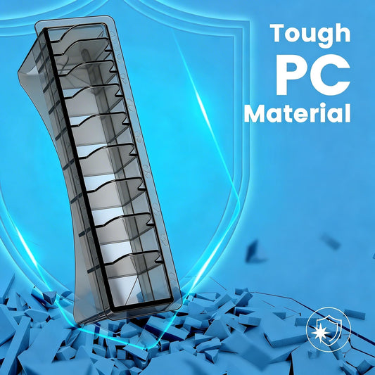 Perfitech guide comb storage box side view highlighting the sturdy polycarbonate material framework