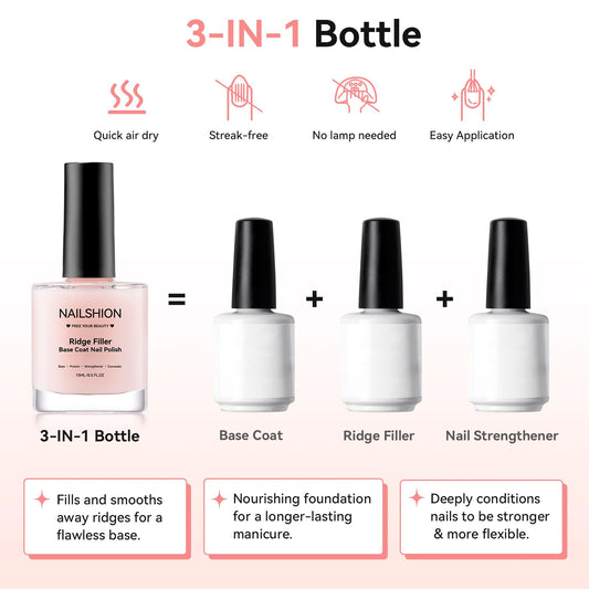 Nailshion 3 in 1 nail strengthener bottle showcasing the specialized smoothing brush applicator.