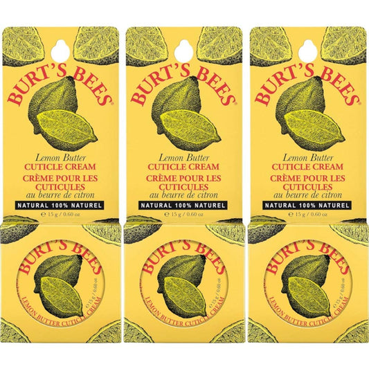 Three tins of Burt's Bees natural lemon oil cuticle treatment arranged neatly on a clean background.