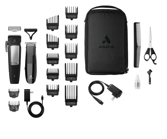 Andis professional twenty three piece grooming kit displayed with all attachment combs and shears