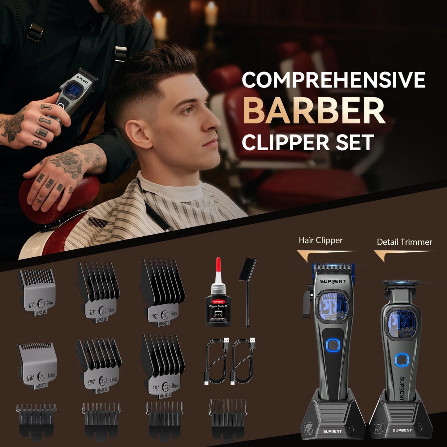 Complete premium packaging of the authentic USA imported SUPRENT StormGray haircutting kit for men.