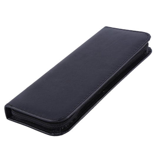 Novec black faux leather hairdressing shear pouch opened flat showing internal slots for scissors and combs.