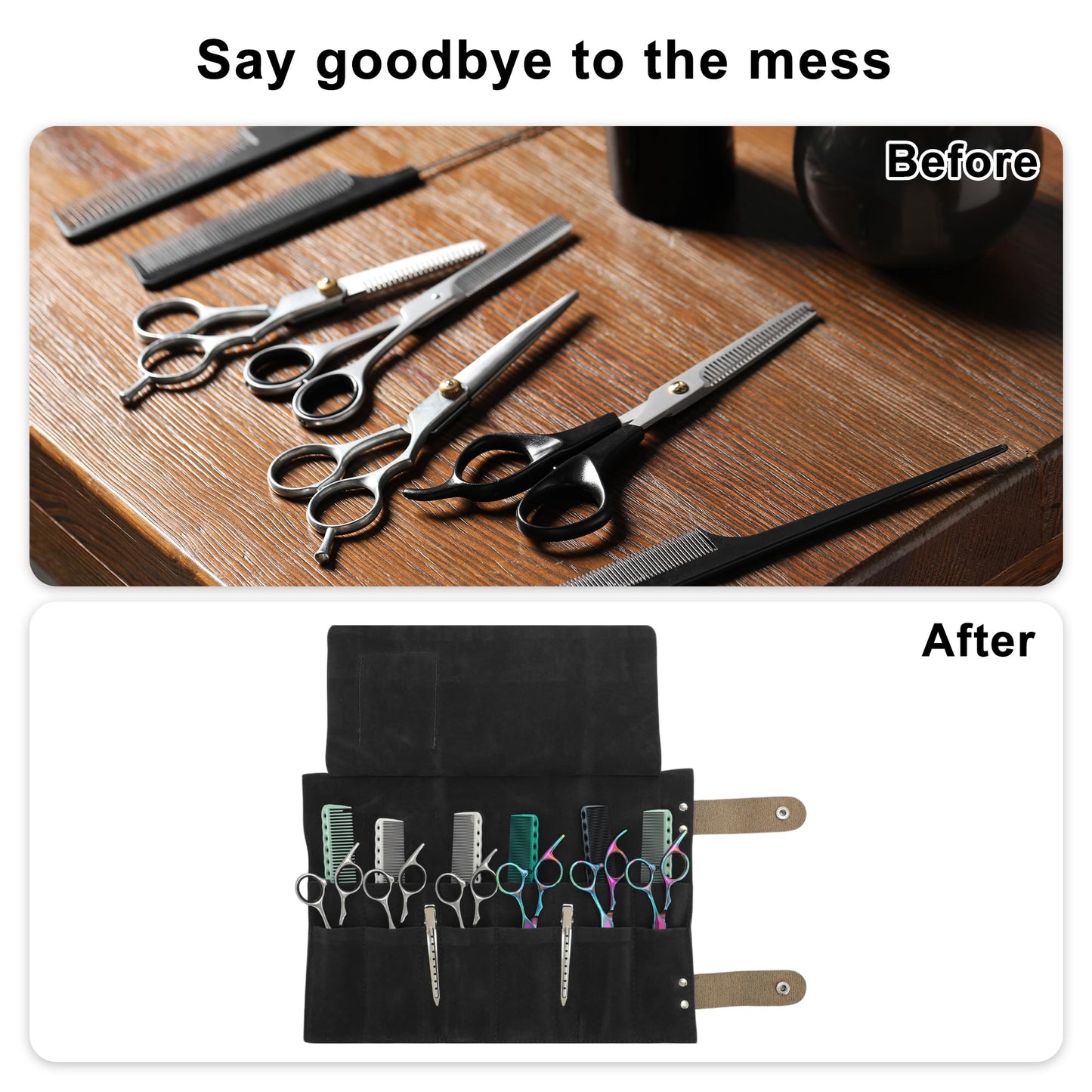 Professional hair styling setup featuring the VOCOSTE black roll up shears pouch on a barber station.
