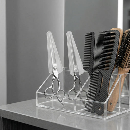 Close up view of Alipis clear PVC scissor tip covers protecting hair cutting shears inside a professional styling setup