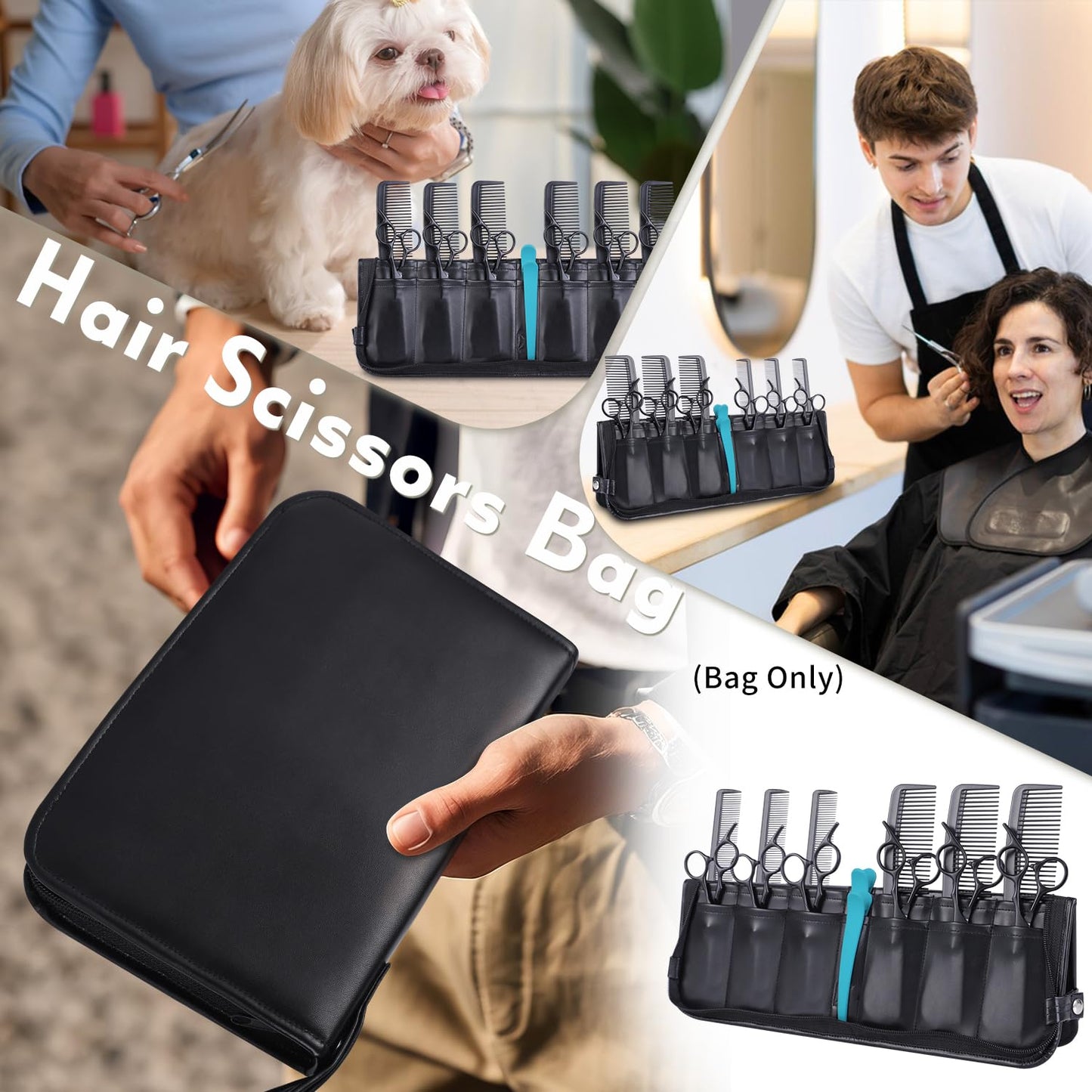 Amotpo leatherette barber holster case highlighting the fourteen storage pockets layout