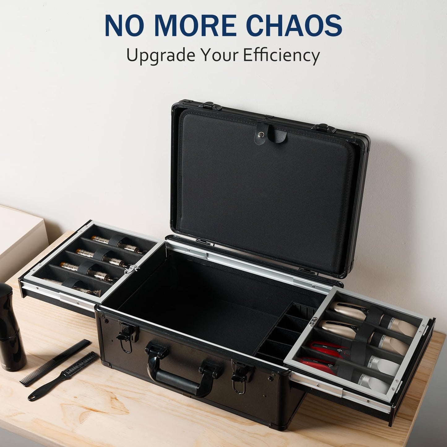 Secure storage presentation showcasing clippers and scissors properly arranged inside the authentic imported MoyRetty organizer