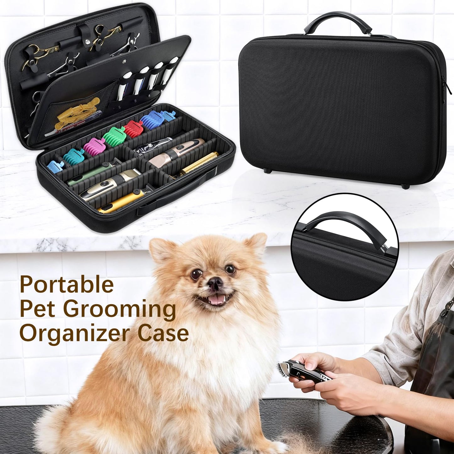 Yueieoun portable pet grooming kits organizer layout showing spacious compartments for clippers and grooming blades.
