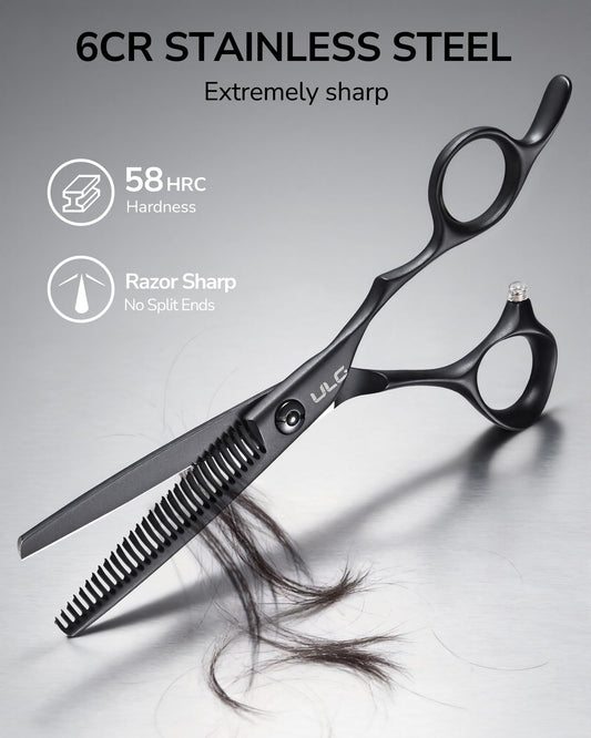 ULG professional hair thinning scissors close up on the matte black teflon coated blades