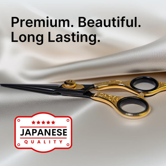 Premium Japanese stainless steel 6.5 inch hair shears displayed open next to the included black leatherette storage pouch.