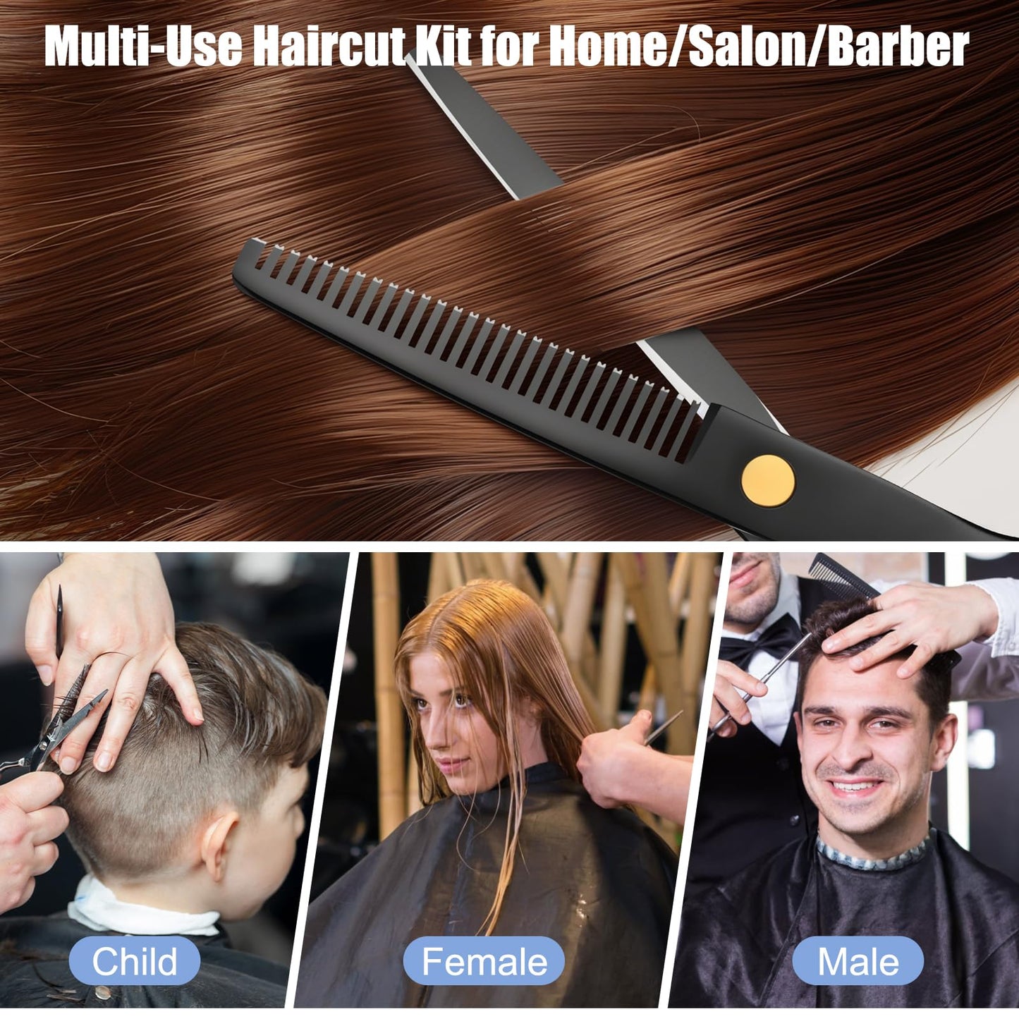 Professional hair scissors set being adjusted via the gold tension screw for precise cutting