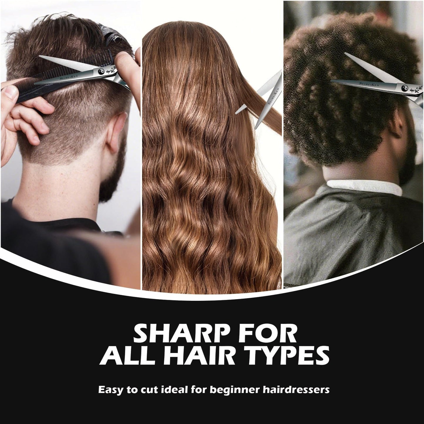 Professional barber utilizing the imported Japanese steel shears for a precise slide cutting technique