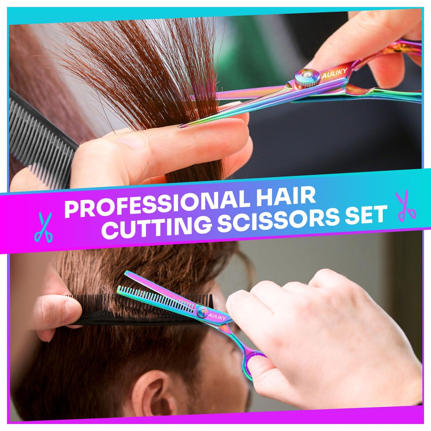 AULikY professional barber scissors kit demonstrating wet and dry hair cutting capabilities