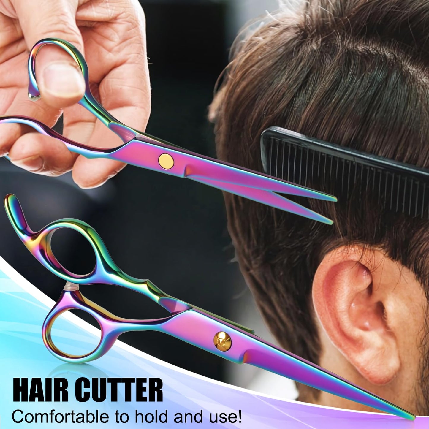 Premium rainbow barber scissors kit organized inside a leather case