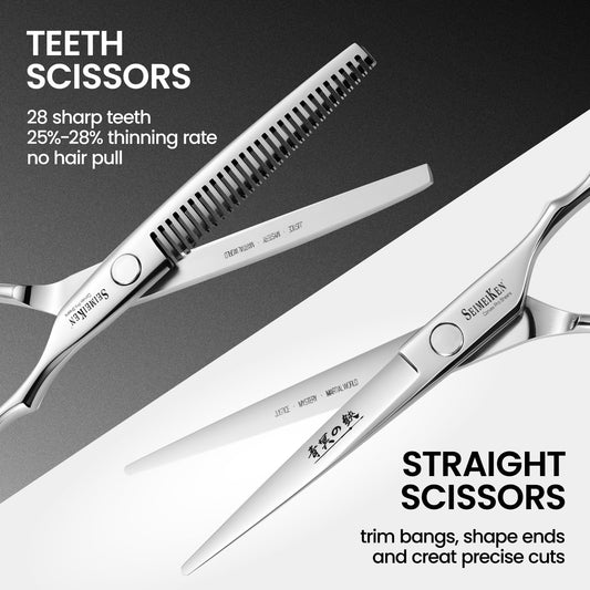 Close up view of the Japanese stainless steel blades on the SEIMEIKEN hairdressing shears showing the adjustable tension screw.