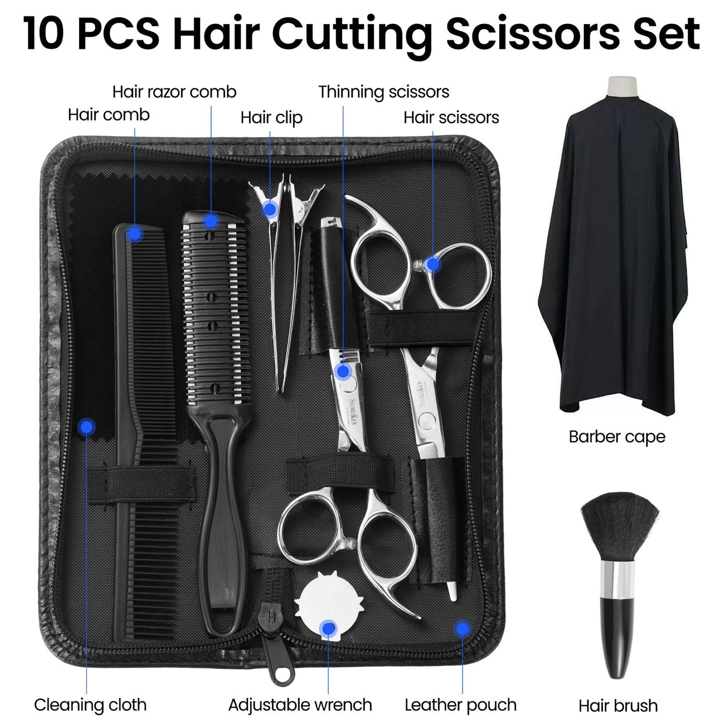 Full packaging view of the imported SEIMEIKEN ten piece professional hairdressing scissors set for home styling.
