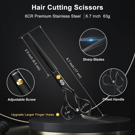 CIICII professional hairdressing shears showing the titanium black plated stainless steel blades and adjustable tension screw detail