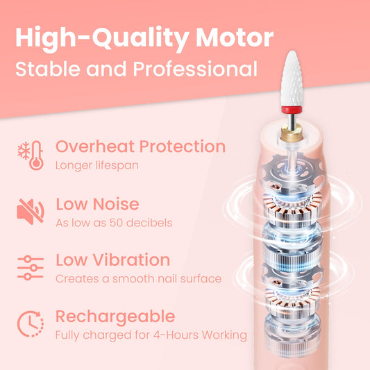 Portable rechargeable nail drill set with interchangeable bits laid out neatly