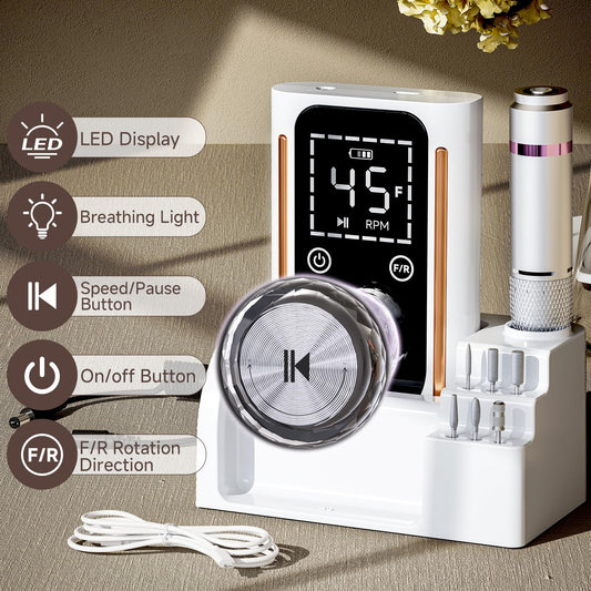 Close up of Puriom nail drill handpiece and digital display
